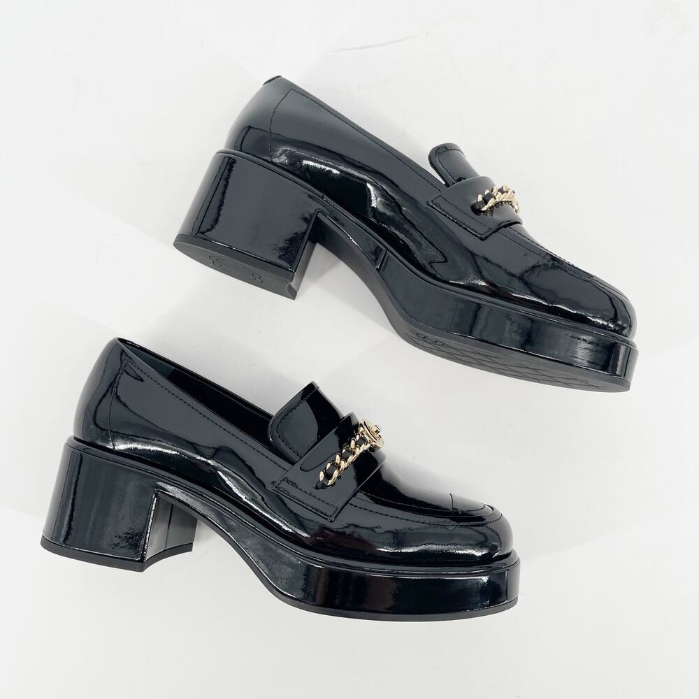 Chanel Fall Winter 2024 Black Patent CC Chain Platform Loafers EU 37 New In Box - Picture 4 of 12